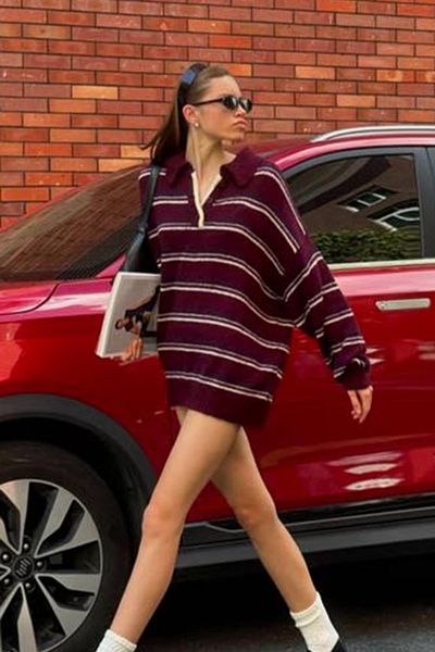 Madmext Pulover cu guler polo cu nasturi în dungi burgundy Mg2357