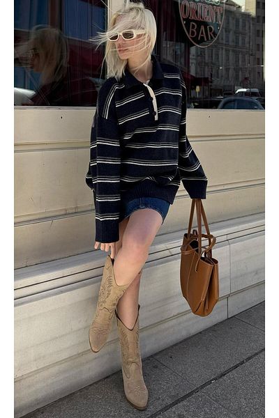 Madmext Navy Blue Striped Buttoned Polo Collar Sweater Mg2357