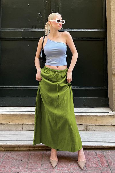 Madmext Light Green Elastic Waist Long Women's Skirt Mg1979