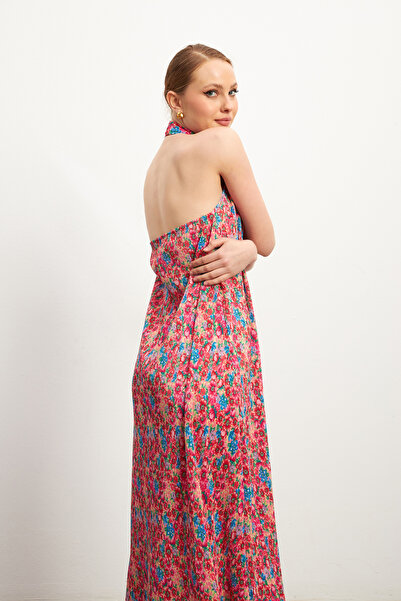 MODAGEN Women's Floral Patterned Long Dress with Neck Detail