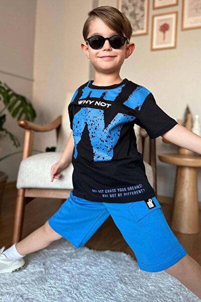Riccotarz Erkek Çocuk W Harf Why Not Baskılı T-Shirt Mavi Şortlu Takım
