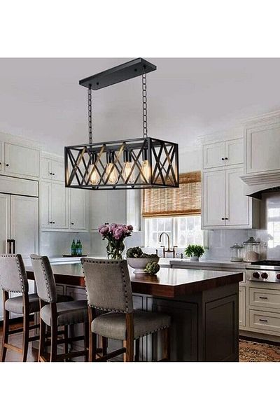 A F N LIGHTING Rectangular 4-Light Kitchen Island Chandelier Black Metal Industrial Pendant Light Hanging Fixture