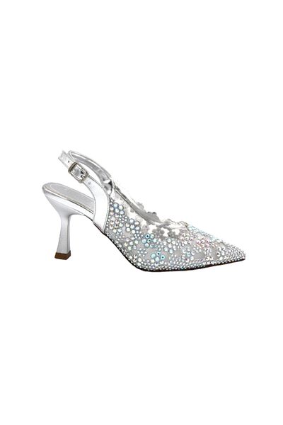 KİNDEP Kindep Stone Detailed Closed Toe Open Back Heeled Women's Shoes Silver