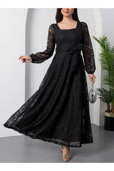 Lensia Square Neck Belted Lace Dress