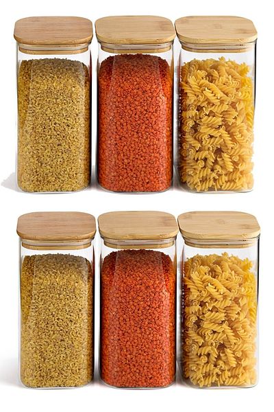 Lizzy 6-Piece 1500 ml Square Glass Spice Jar and Food Container with Bamboo Lid