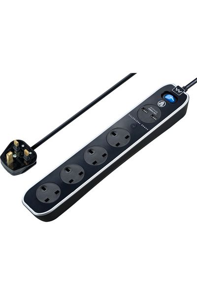 Masterplug 2 Meter 4 Sockets Premium High Gloss USB Power Extension Lead With USB Charging Ports