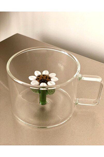 A A Company İçi Üç Boyutlu Papatya Figürlü Isıya Dayanıklı Borosilikat Cam Kupa Bardak