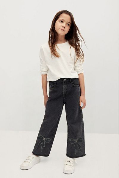 Cenanın Dolabı Bow Stone Embroidered Girls Loose Jeans,Flared Pants,Baggy Pants