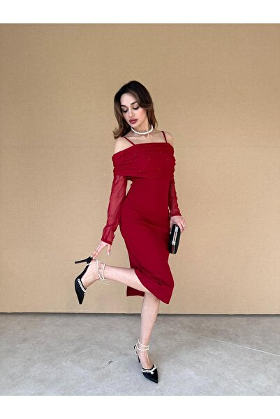 Mooi Butik Rochie Midi DELPHIA 2974 - Roșu Claret