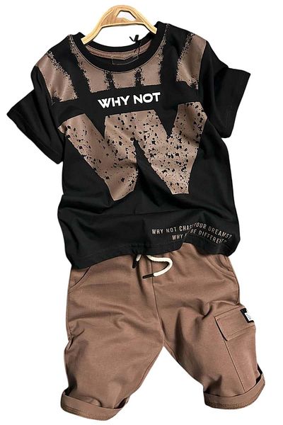 Riccotarz Boy's W Letter Why Not εμπριμέ T-Shirt Καφέ Σορτς Κοστούμι