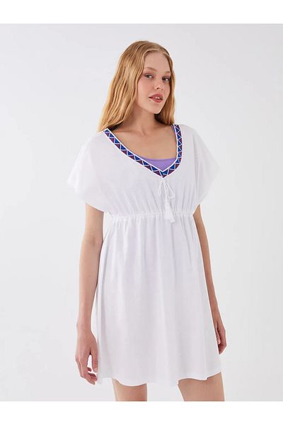LC Waikiki LCW DREAM Λευκό Γυναικείο Φόρεμα παραλίας με κοντό μανίκι με λαιμόκοψη