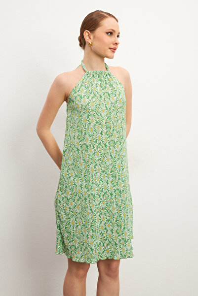 MODAGEN Women's Green Patterned Halter Short Dress