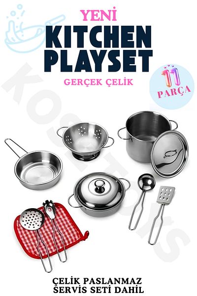 kosetoys Girl's Toy Kitchen Set 11 Pieces Real Steel Stainless Pots Pans Set