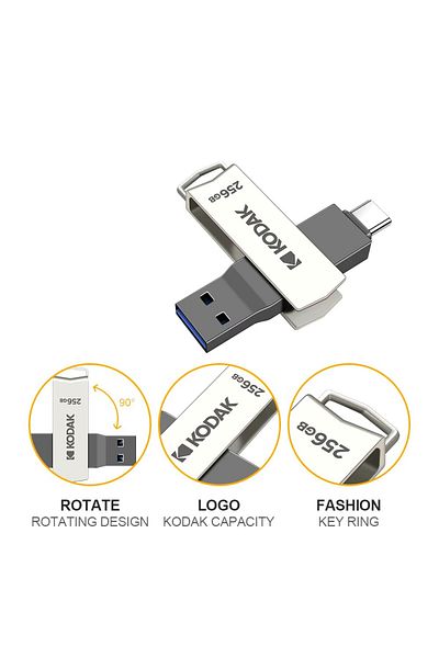 Laula ذاكرة فلاش Kodak K273 سعة 256 جيجابايت من النوع C وUSB 3.2 Otg مزدوجة الإدخال
