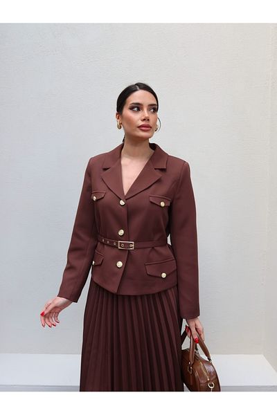 ESRAHELVACI Gold Buckle Belted Jacket Skirt Suit