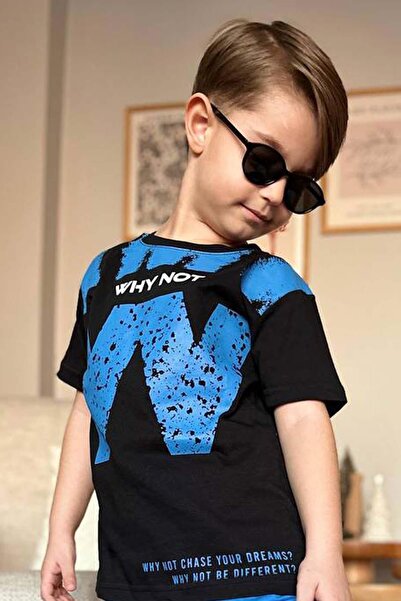 Riccotarz Erkek Çocuk W Harf Why Not Baskılı T-Shirt Mavi Şortlu Takım
