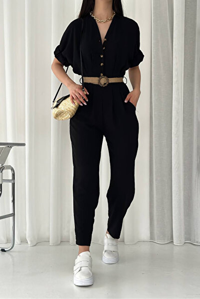 Neşeli Butik Women's Ayrobin Overalls with Buttoned Straw Belt Nbtg2000