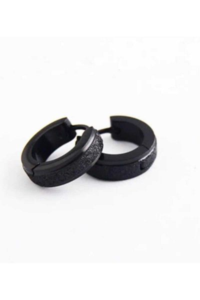 sarıyer silver Plain Black Silvery Striped Steel Hoop Earrings