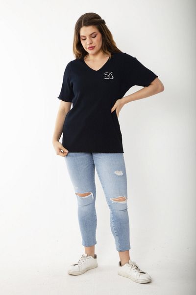 Şans Women's Large Size Navy Blue Camisole Fabric Embroidered Lycra Blouse 65N37235