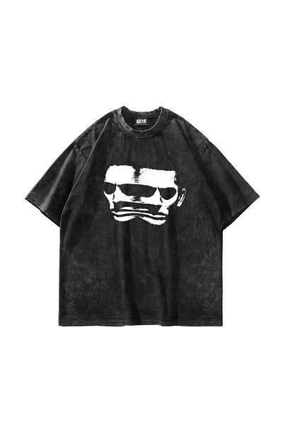 Sekizbiraltı Μαύρο μπλουζάκι Unisex Oversize - Shadow Man Printed and Washed