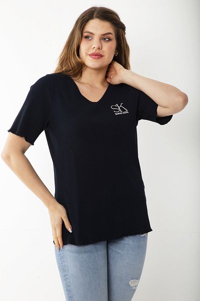 Şans Women's Large Size Navy Blue Camisole Fabric Embroidered Lycra Blouse 65N37235