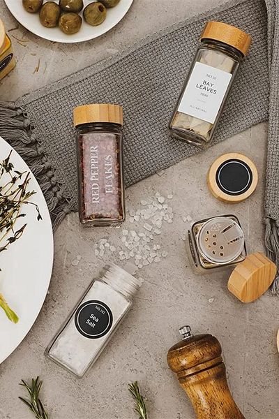 Tilbe Home Set of 12 Bamboo Lids with Stand, Labeled Glass Square Form Spice Jar Set with Sprinkler Head Spice Jar Se