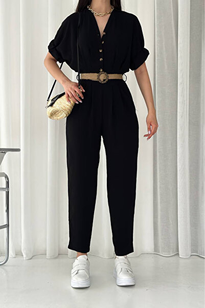 Neşeli Butik Women's Ayrobin Overalls with Buttoned Straw Belt Nbtg2000