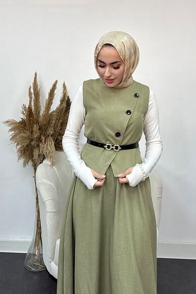 Tesettür Diyarı Sofia Linen Fabric Vest and Skirt 2 Pcs Suit-Khaki