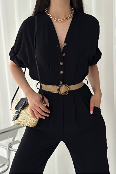 Neşeli Butik Women's Ayrobin Overalls with Buttoned Straw Belt Nbtg2000