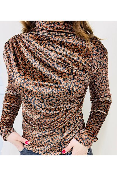 MODA بلوزة نسائية مخملية بنية بنقشة الفهد وأكمام طويلة