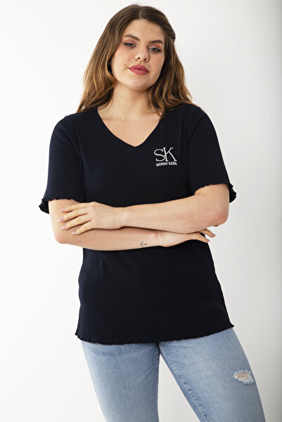 Şans Women's Large Size Navy Blue Camisole Fabric Embroidered Lycra Blouse 65N37235