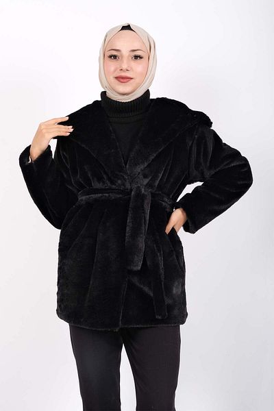 İKLİM LİFE Vertical Shawl Collar Belted Plush Coat