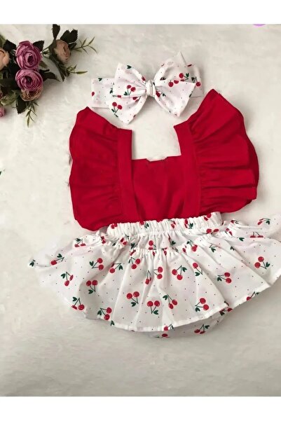 elahobi Kiraz Desen Bebek Salopet Tulum Ve Bandana 2'li Takım