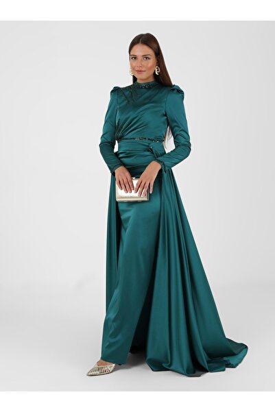 MODANİSA فستان سهرة حجاب ستان بغطاء - زمرد - LARACHE