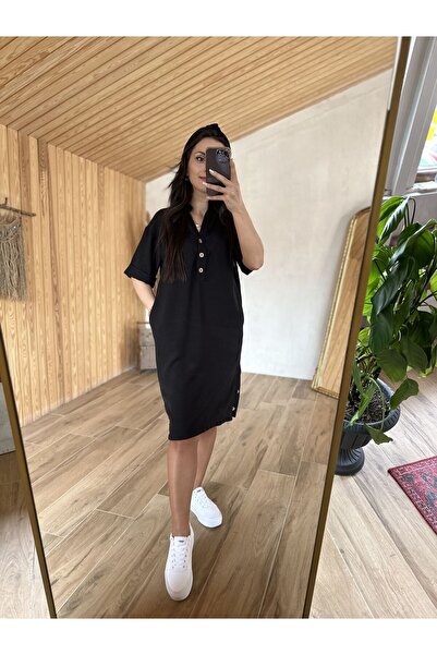 caddstore Art. Kemik Düğmeli Siyah Keten Elbise