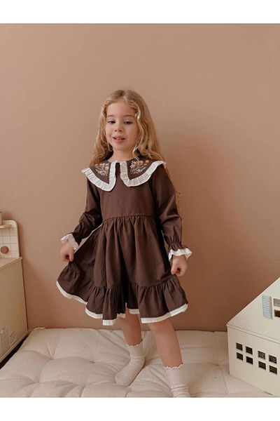 Uğur bebe New Season Brown Embroidered Collar Lined Woven Dress