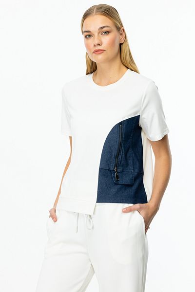ON Asymmetrical Patterned Denim Detailed Blouse Ecru-56333