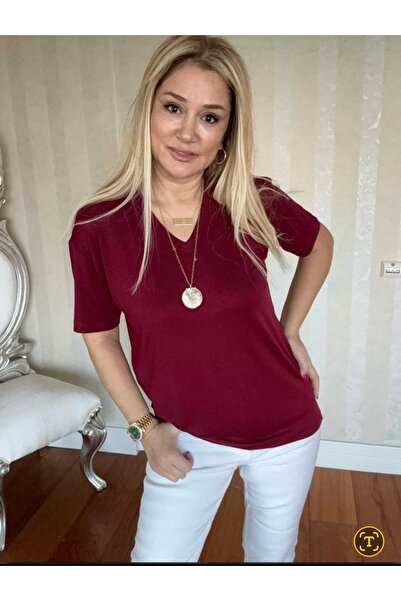 NUR TEKSTİL kadın bordo  Viskon penye v yaka yanları hafif yırtmaçlı kısa kol...