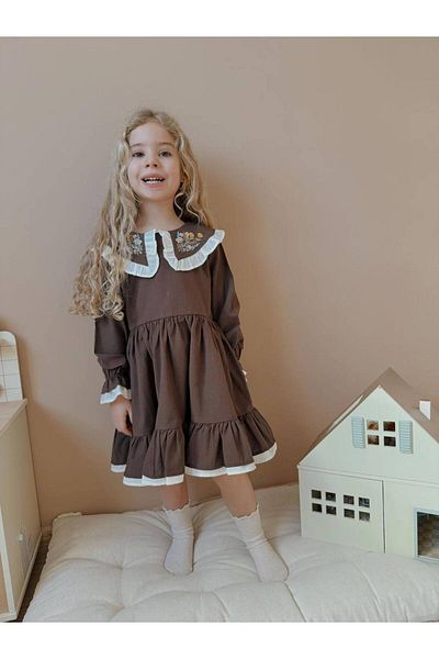 Uğur bebe New Season Brown Embroidered Collar Lined Woven Dress