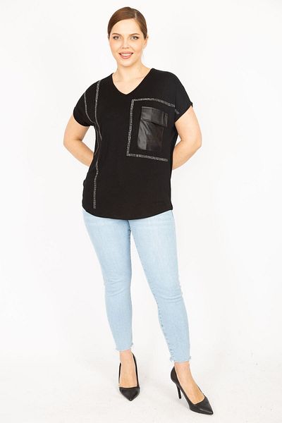 Şans Women's Black Plus Size Stone and Faux Leather Garnished Low Sleeve Blouse 65n35906