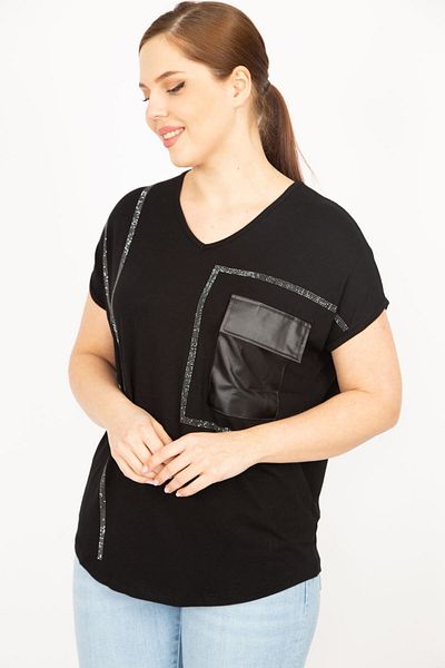 Şans Women's Black Plus Size Stone and Faux Leather Garnished Low Sleeve Blouse 65n35906
