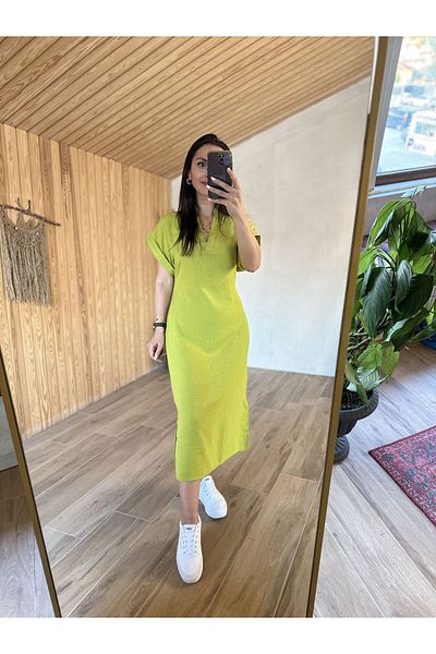 caddstore Φόρεμα Vz V-Neck Belted Fluff Λινό Φιστίκι