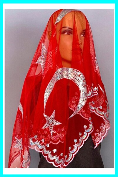 Halay Kına Srebrni veo sa šljokicama u obliku polumeseca i zvezde, crvena kan...