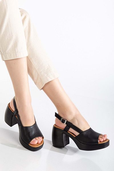 ANALİN SHOES Sandale de damă din piele naturală neagră - cu tocuri groase cu curele la gleznă