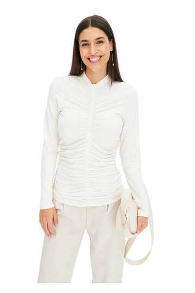 MAMAYAGA Women's Stand Collar Front Gathered Long Sleeve Casual Viscose Sports Stylish Plus Size Curve Blouse