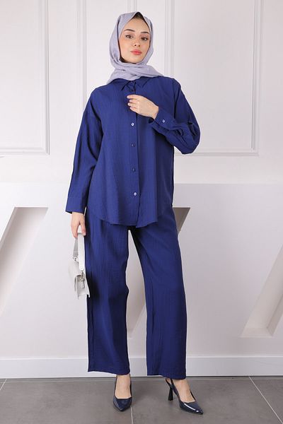 İmajButik Σετ παντελόνι πουκάμισο με ελαστική μέση Navy Blue