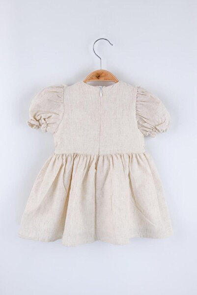 Le Mabelle Beige Short Sleeve Girls Dress with Scallop Detail and Bow - Rosa