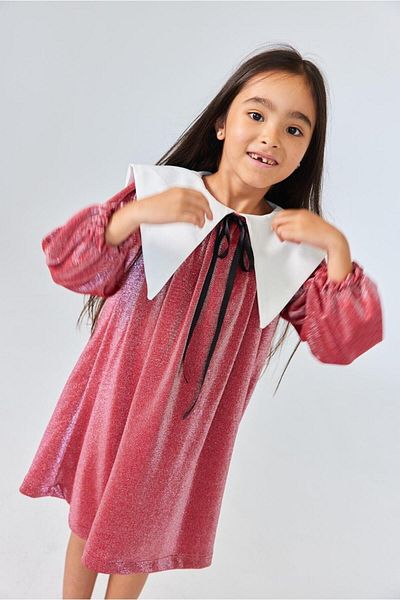 Le Mabelle Red Long Sleeve Collar Detailed Glitter Girl's Dress - Maya