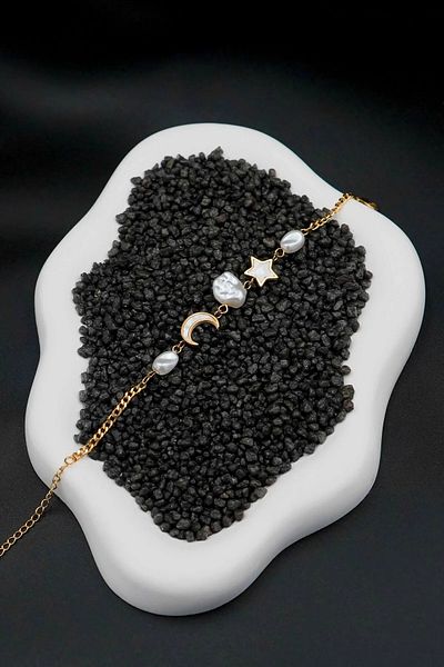 The Collection Moon Star Mother of Pearl Stone Tarnish Gold Women's Steel Bracelet
