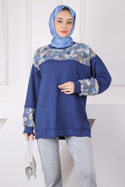 İmajButik Μπλε Navy Τούλι Flower Garnished Modal Sweat